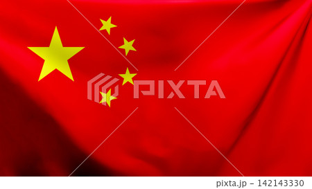 Close-up of the waving national flag of China, featuring its iconic red background and five yellow stars with soft fabric folds. China National Day celebration 142143330