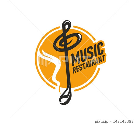 Live music restaurant and cafe bar icon with musical clef and ladle. Vibrant orange and black emblem with steam wisps and bold typography for live entertainment bars, music cafes and restaurants Live music restaurant and cafe bar icon with musical clef and ladle. Vibrant orange and black emblem with steam wisps and bold typography for live entertainment bars, music cafes and restaurants 142143385