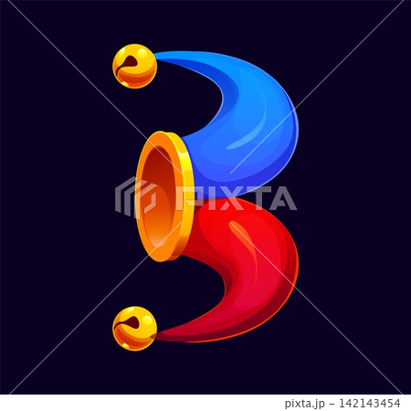 Cartoon casino font number 3 shaped like jester hat with golden bells. Creepy gamble typography and English poker type for Halloween party, carnival event banners and kids alphabet posters 142143454