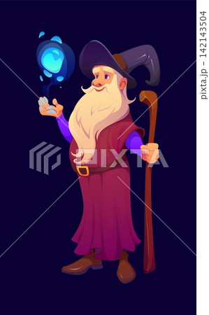 Cartoon Halloween wizard character with magic light ball and staff. Old medieval man with long beard in purple cloak and fantasy hat. Elderly bearded merlin doing spell with magic wand 142143504