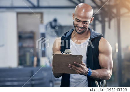 Man, clipboard and sports coach in gym with writing notes for client appointment, strong body and fitness. Personal trainer person, paperwork and admin in wellness club for business and training job Man, clipboard and sports coach in gym with writing notes for client appointment, strong body and fitness. Personal trainer person, paperwork and admin in wellness club for business and training job 142143596