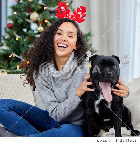 Woman, portrait and dog in home on sofa for Christmas celebration or cozy festive season, holiday or animal. Female person, pet and staffie bull terrier with antler ears, happiness or accessories Woman, portrait and dog in home on sofa for Christmas celebration or cozy festive season, holiday or animal. Female person, pet and staffie bull terrier with antler ears, happiness or accessories 142143618