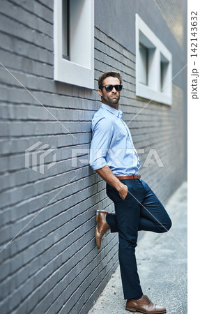 Man, brick and wall with vision, confidence and sunglasses with urban background. Consultant, startup and business with ambition, style and formal or professional aesthetic for corporate fashion Man, brick and wall with vision, confidence and sunglasses with urban background. Consultant, startup and business with ambition, style and formal or professional aesthetic for corporate fashion 142143632