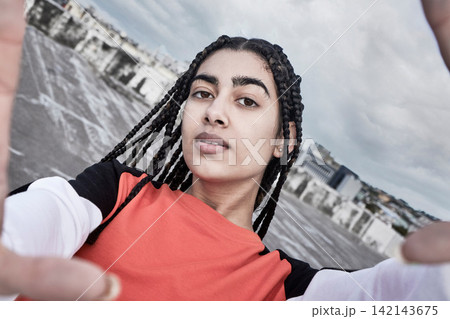 Portrait, selfie and outdoor with woman, dancer and talent with practice, training for performance and culture. Face, happy person in city and girl with confidence, carefree and artist with creative 142143675
