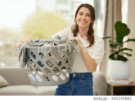 Laundry, basket or portrait of happy woman in house for spring cleaning, clothes or housework. Fabric, service or face of cleaner with fresh washing at home for hygiene, safety or bacteria prevention Laundry, basket or portrait of happy woman in house for spring cleaning, clothes or housework. Fabric, service or face of cleaner with fresh washing at home for hygiene, safety or bacteria prevention 142143681