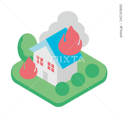 火事　火災　住宅　アイソメトリック　イラスト　自然災害　落雷　台風　地震　防災　素材 142143692