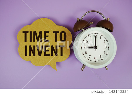 Time To Invent text on speech bubble with alarm clock on purple background Time To Invent text on speech bubble with alarm clock on purple background 142143824