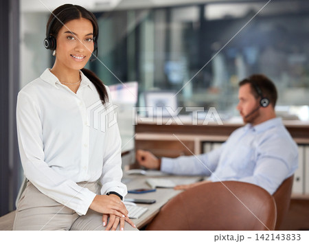 Call center, portrait and smile of business woman in office for support, help desk and customer service at startup. Happy, telemarketing consultant and professional agent coworking, crm or contact us Call center, portrait and smile of business woman in office for support, help desk and customer service at startup. Happy, telemarketing consultant and professional agent coworking, crm or contact us 142143833