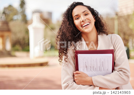 Smile, textbook and portrait of woman student studying for test, assignment or exam on campus. Happy, university and female person with positive, pride and confident attitude at college academy. Smile, textbook and portrait of woman student studying for test, assignment or exam on campus. Happy, university and female person with positive, pride and confident attitude at college academy. 142143903