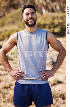 Man, runner and thinking of fitness in nature, proud and sports for marathon training in outdoors. Male person, confident and ponder on workout or cardio, sportswear and happy for exercise goals Man, runner and thinking of fitness in nature, proud and sports for marathon training in outdoors. Male person, confident and ponder on workout or cardio, sportswear and happy for exercise goals 142143918