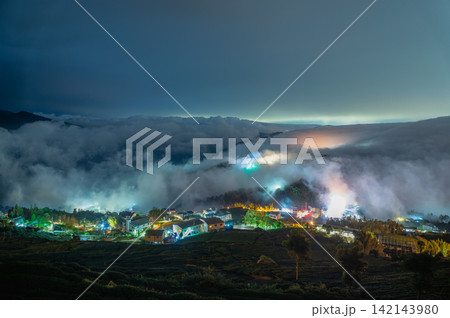 Night View of Shizhuo Village and Sea of Clouds in Alishan, Taiwan Night View of Shizhuo Village and Sea of Clouds in Alishan, Taiwan 142143980