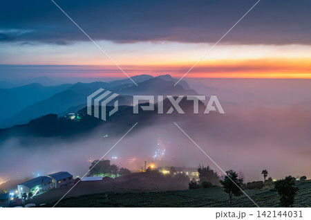 Alishan Night Landscape with Sea of Clouds and Tea Plantation Alishan Night Landscape with Sea of Clouds and Tea Plantation 142144031