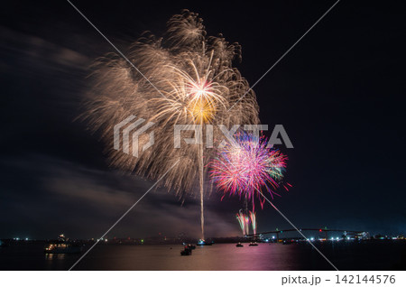 木更津港まつり花火大会夜空に咲く大輪の花 142144576