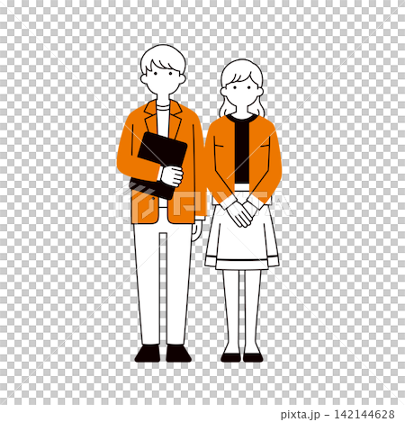 A set of simple full-body vector illustrations of men and women in their 20s and 30s working at an IT company (line art). A set of simple full-body vector illustrations of men and women in their 20s and 30s working at an IT company (line art). 142144628