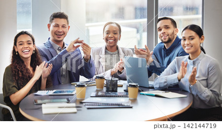 Happy, applause and business people in meeting for congratulations, celebration or success in boardroom. Professional, diversity and employees clapping for conference, presentation or workshop 142144719