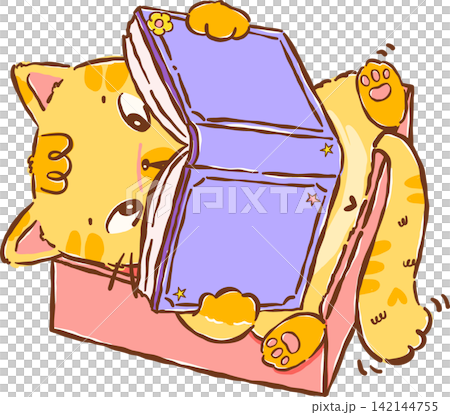 Cozy Orange Cat Bookish Reading a Book in Box Hand drawn Illustration Cozy Orange Cat Bookish Reading a Book in Box Hand drawn Illustration 142144755