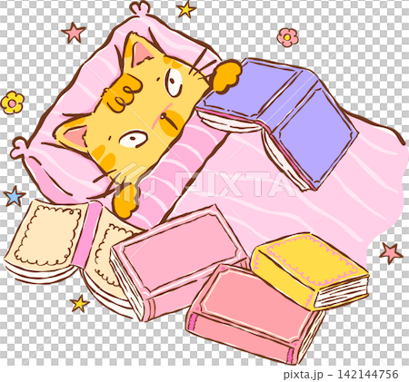 Orange Cat Bookish Reading books on Bed Hand drawn Illustration, Book hangover Orange Cat Bookish Reading books on Bed Hand drawn Illustration, Book hangover 142144756