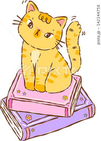 Orange Cat Bookish Sitting on a Book Hand drawn Illustration 142144758