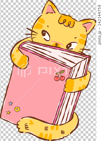 Orange Cat Bookish Hugging a Book Hand drawn Illustration Orange Cat Bookish Hugging a Book Hand drawn Illustration 142144759