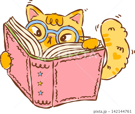 Nerd Orange Cat Bookish Reading Book Hand drawn Illustration Nerd Orange Cat Bookish Reading Book Hand drawn Illustration 142144761