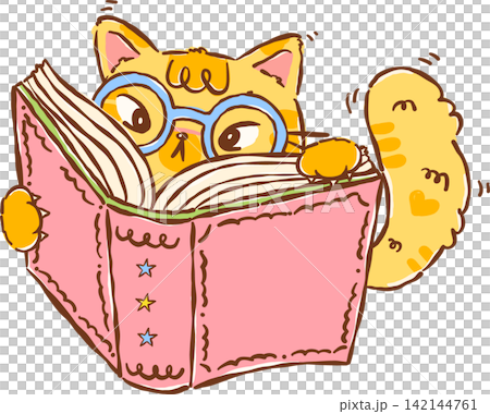 Nerd Orange Cat Bookish Reading Book Hand drawn Illustration Nerd Orange Cat Bookish Reading Book Hand drawn Illustration 142144761