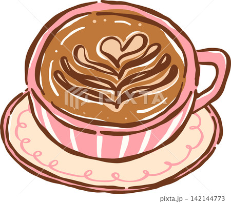 Cute Coffee Pink Cup with Latte Art Hand drawn Illustration Cute Coffee Pink Cup with Latte Art Hand drawn Illustration 142144773