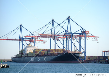 Bustling shipping port with MSC cargo ship and cranes in action, highlighting global trade and logistics. illustrating supply chain, maritime transport, and international commerce themes. 142144959