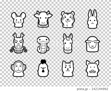 描繪十二生肖動物臉孔的插圖。 142144992