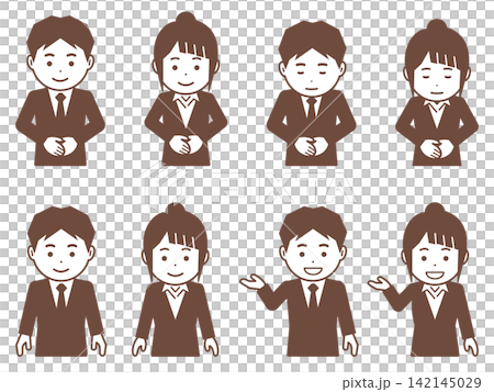 [Icon] A man and a woman in brown suits. Four different poses, including bowing and beckoning. 142145029