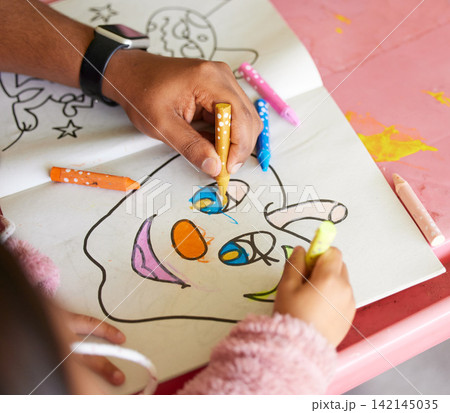 Hand, baby and color book with mom help and bonding together with creativity and learning. Home, paper drawing and family with crayon, youth and development of a kid with art on a table with care 142145035