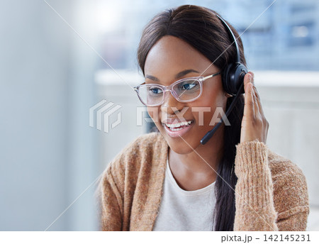 Black woman, headset and smile for technical support or customer service for solution, contact us or it. Female person, telemarketing and sales representative at help desk, hot line or networking Black woman, headset and smile for technical support or customer service for solution, contact us or it. Female person, telemarketing and sales representative at help desk, hot line or networking 142145231