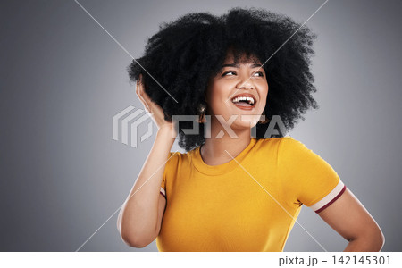 Thinking, woman and decision with smile, solution or problem solving on grey studio background. Person, girl or model with afro, choice or thoughts with promotion for hair care or beauty with student Thinking, woman and decision with smile, solution or problem solving on grey studio background. Person, girl or model with afro, choice or thoughts with promotion for hair care or beauty with student 142145301