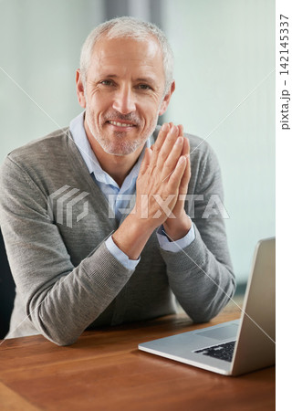 Mature man, home office and happy with laptop for online market research, ideas and vision as business developer. Portrait, internet and strategy for company growth or opportunities for reviews Mature man, home office and happy with laptop for online market research, ideas and vision as business developer. Portrait, internet and strategy for company growth or opportunities for reviews 142145337