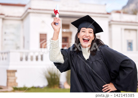 Woman, portrait and graduation with diploma, cheers and excited for future, goals and education at college. Girl, student and happy with certificate for achievement, success and celebration at campus 142145385