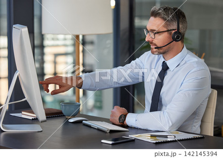 Mature, man and phone a call center to help customer care, feedback or technical support. Professional, crm or contact us for problem solving advice or virtual client chat on computer to consultant 142145394