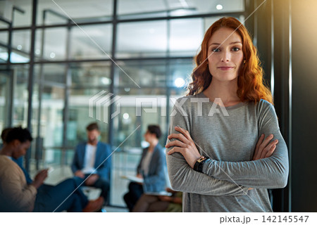 Crossed arms, office and portrait of business woman with team for meeting, planning and startup ideas. Professional, happy and person in workplace with confidence, company pride and ready for career Crossed arms, office and portrait of business woman with team for meeting, planning and startup ideas. Professional, happy and person in workplace with confidence, company pride and ready for career 142145547
