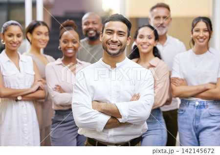 Creative people, portrait and confident in office for teamwork, collaboration and project success for startup company. Employees, together and leadership with diversity or about us designer business. 142145672