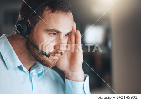 Man, headset and call centre for customer service agent or sales representative, tech support or contact us. Male person, hands and online telemarketing staff for helping agency, advice or network Man, headset and call centre for customer service agent or sales representative, tech support or contact us. Male person, hands and online telemarketing staff for helping agency, advice or network 142145902