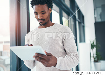 African man, tablet and office for career, online information and digital project for internet research. Creative male editor or professional person with checklist on tech for web proposal for job African man, tablet and office for career, online information and digital project for internet research. Creative male editor or professional person with checklist on tech for web proposal for job 142145906