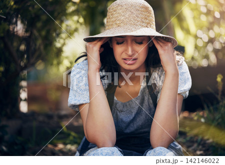 Woman, stress and garden with crying from sad news, depression and memories in home. Female person, outdoor and tears with emotional, frustration and sorrow from heartbreak or upset and disappointed Woman, stress and garden with crying from sad news, depression and memories in home. Female person, outdoor and tears with emotional, frustration and sorrow from heartbreak or upset and disappointed 142146022