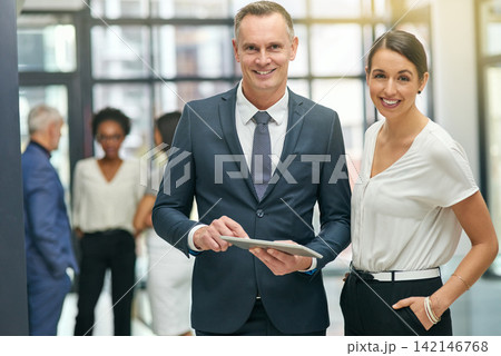 Portrait, businessman and woman in office with tablet for teamwork, partnership and leadership. Workplace, employees and smile together with tech for planning, collaboration and communication Portrait, businessman and woman in office with tablet for teamwork, partnership and leadership. Workplace, employees and smile together with tech for planning, collaboration and communication 142146768
