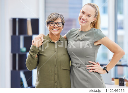 Embrace, mature and business woman in office for teamwork, collaboration and creative startup company in portrait. Happy, female person and partner as designers with trust or ideas for project Embrace, mature and business woman in office for teamwork, collaboration and creative startup company in portrait. Happy, female person and partner as designers with trust or ideas for project 142146953