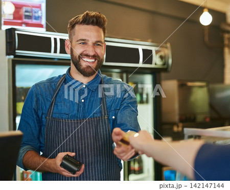 Credit card, barista or waiter in coffee shop with customer for payment, transaction and purchase at cafe. Restaurant, male employee and person buying for checkout, pos and small business sale Credit card, barista or waiter in coffee shop with customer for payment, transaction and purchase at cafe. Restaurant, male employee and person buying for checkout, pos and small business sale 142147144