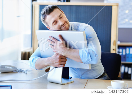 Office, hug or man with laptop for love of programs, applications and career in workplace. Happy businessman, software developer or pc monitor for coding with smile, care or passion in perfect job Office, hug or man with laptop for love of programs, applications and career in workplace. Happy businessman, software developer or pc monitor for coding with smile, care or passion in perfect job 142147305