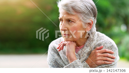 Senior woman, thinking and peace in park for retirement, pension and grandma in nursing home for old age. Female person, dementia and memory loss in nature for mental health, depressed or Alzheimer Senior woman, thinking and peace in park for retirement, pension and grandma in nursing home for old age. Female person, dementia and memory loss in nature for mental health, depressed or Alzheimer 142147306