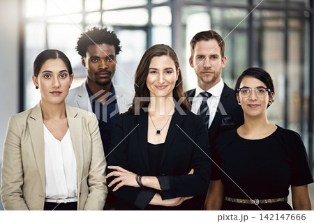 Business people, portrait and group with teamwork, diversity and cooperation with corporate professional. Legal aid, attorney and lawyer in modern office, confidence and collaboration with support 142147666