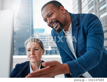 Computer, businessman and woman in office for advice, opinion and planning for online project. Partnership, manager and consultant brainstorming, business ideas or problem solving together at desk Computer, businessman and woman in office for advice, opinion and planning for online project. Partnership, manager and consultant brainstorming, business ideas or problem solving together at desk 142147685