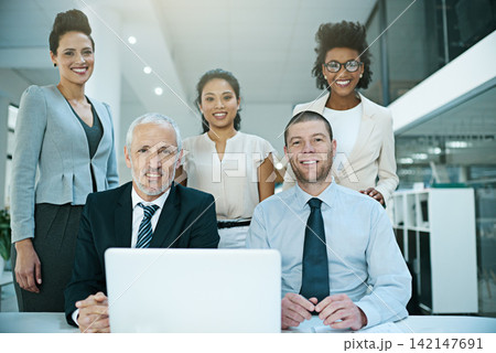 Group, business and laptop in office for portrait or meeting with collaboration or support for project ideas. Happy, corporate and people with digital technology for information on negotiation deal 142147691