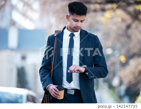Check watch, city and business man walking for morning commute, travel and waiting for transport. Corporate, professional and person with clock for time management, schedule and appointment in town Check watch, city and business man walking for morning commute, travel and waiting for transport. Corporate, professional and person with clock for time management, schedule and appointment in town 142147735