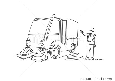 Single one line drawing young male municipal worker in safety gear pointing at street sweeper truck machine. Urban sanitation and road cleaning. Continuous line draw design graphic vector illustration 142147766